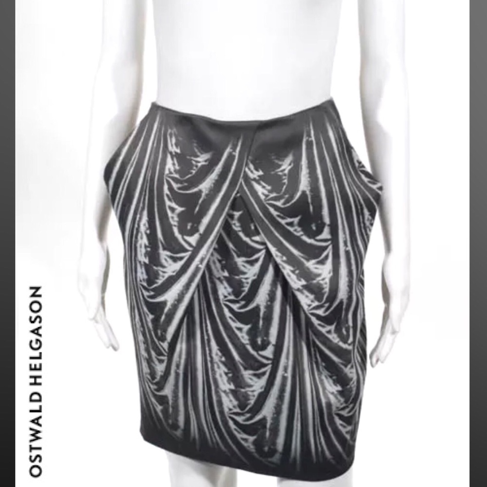 OSTWALD HELGASON Gray/Blk Draping Print Skirt